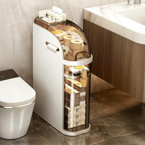 Lozovin 2-Tiers Narrow Bathroom Floor Storage Cabinet 7.1″ Plastic Drawers Organizer with Tissue Box and Wheels Slim Waterproof Bathroom Cabinet for Small Kitchen Laundry Living Room Toilet Gap