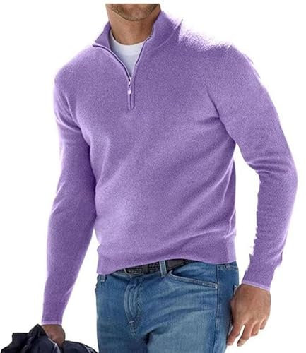 compulsoryking Uomo Primavera Scollo A V Zip Up Maglia Pullover Felpa Collo Alto Slim Fit Tempo Libero Top Classico Tinta Unita Maglione, Viola chiaro, XL