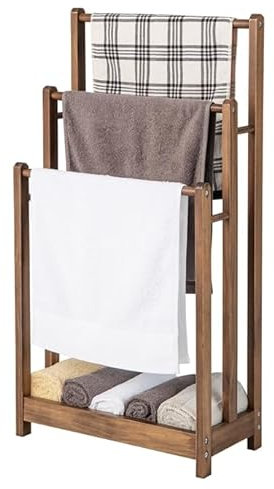 GOPLUS Porte-Serviettes sur Pied en Bois, Porte-Serviettes Autoportant avec 3 Barres Individuelles et Étagère Surélevée, Design Creux pour Éviter l'Accumulation d'eau, Café (45x22x86cm)