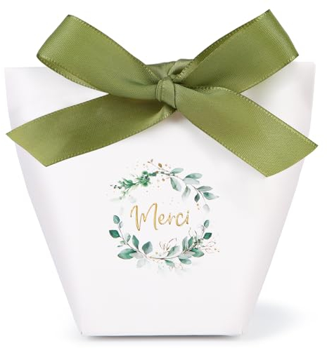 24Pcs Boîte Dragée Sachet Bonbon Ballotin “Merci” Cadeau Invité pour Mariage Baptême Communion Anniversaire Noël avec Ruban (Vert)