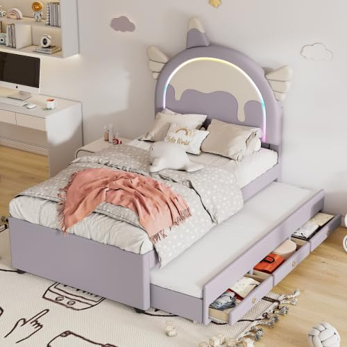 KUAKE Lettino per Bambini 90 x 200 cm, con LED, Divano Letto con Rete a Doghe, Testiera dei Cartoni Animati, Viola