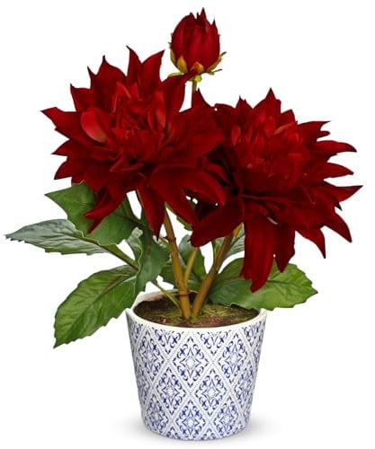 Hollyone 35CM Dark Red Dahlia Artificial Flowers - Fake Dahlias in Blue and White Porcelain - Decorative Faux Blooms and Buds for Home Decor, Centerpiece, Wedding, Shelf, Office Decorations