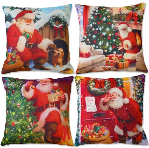 Kissenbezug Weihnachten 45x45cm - 4er Set Weihnachtsdeko Innen Kissenbezug, Vintage Weihnachtsdeko Rot Kissenbezüge Für Christmas Decorations Indoor, Wohnzimmer, Bedding, Deko Weihnachts Kissenbezüge