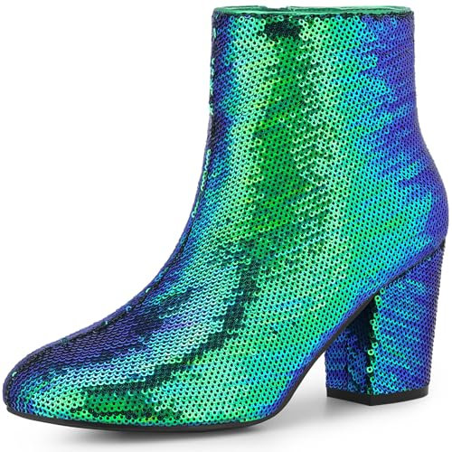 Allegra K Damen Stiefeletten mit rundem Zehenbereich, Blockabsatz, Pailletten, Grün , 37.5 EU
