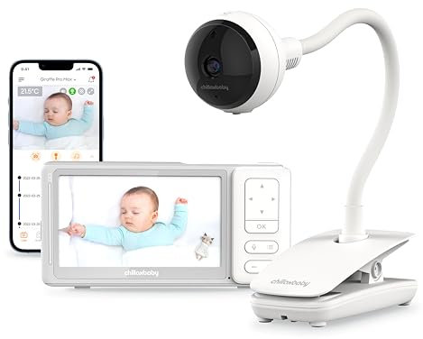 CHILLAX - Baby Monitor Giraffe Clip - 5'' HD LCD Screen - Full HD 1080p Camera - Flexible Arm - Night Vision - Walkie-Talkie - WiFi On/Off - Lullabies - Sound & Movement Alert - With App