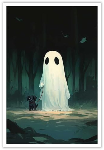 noskisy Retro-Poster mit weißem Geist, Gothic, dunkle Akademie, Wandkunst, dunkler Horror, düster, ein Geist im Wald, führt einen schwarzen Hund, Gemälde für Zuhause, Schlafzimmer, Wohnheim,
