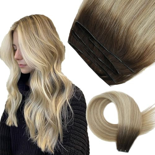 ABH AMAZINGBEAUTY HAIR Tressen Echthaar Genius Weft Extensiones Echthaar Sew in Weft Haartressen Echthaar Tressen Zum EinnäHen Virgin Hair 50G, #R3/8/613 Braun Highlight Strandblond 40 cm
