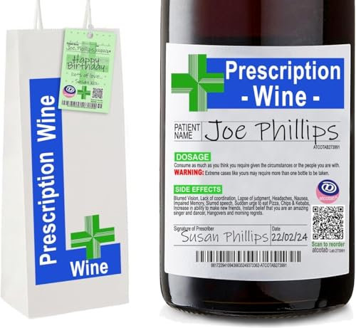 Funny Prescription Alcohol Wine Label & Bottle Bag - Gift Bag. Amazing Quality. Prosecco Gifts for Women, Funny Gifts for Men & Women. Teacher Gifts, Wine Gifts for Women, Birthday Gifts, Dad Gifts.