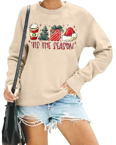 hohololo Weihnachts Sweatshirt Damen Weihnachtspullover Christmas Sweater Xmas Pullover (Beige1,XXL)