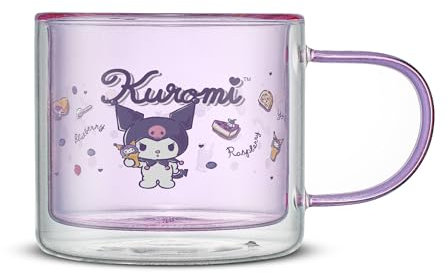JoyJolt Hello Kitty Double Wall Insulated Coffee Mug ft Kuromi, 13.5 oz Glass Cup, Cute Drinking Glassware ideal for Latte, Iced Coffee, or Tea, Kawaii Hello Kitty Merch, Sanrio Accessories