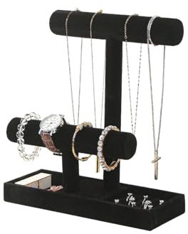 LongMen 2 Tier Necklace Bracelet Holder Organizer with Ring Tray Jewelry Display Stand,Jewelry Holder for Scrunchie Watches Detachable (Black)