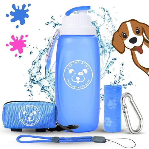Assure Aura Pack Botella Pipi Perros Calle Silicona 320ml + Mosqueton + Cuerda Ajustable + Bolsas + Funda | Botella agua perro y accesorios perros | Botella pises perro | Ideal Paseos (Azul, 320ml)