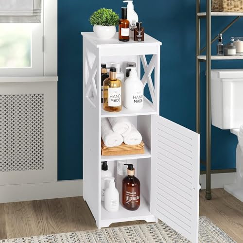 JUNHAO-SHOP 3 Tier Bathroom Storage Cabinet, Floor Standing Display Cabinet with Door, Home Storage Furniture Organizer Unit for Office Living Room Kitchen Entryway, White