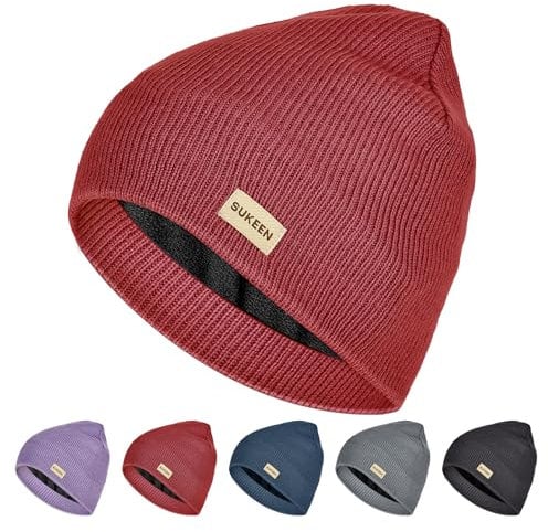 Sukeen Wasserabweisende Winddichte Beanie Wintermütze Herren Damen Mütze Herren Strickmütze Warme Beanie mit Polarfleece Warmem Futter, Unisex-Strickmütze für Outdoor-Sport Laufen Radfahren–Weinrot