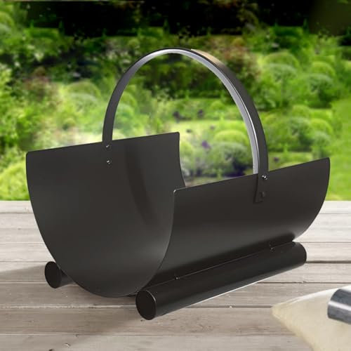 Panier à bûches de cheminée couleur Noir, porte, range bûches en Fer forgé - Hauteur 23 x Longueur 40 x Largeur 40 cm