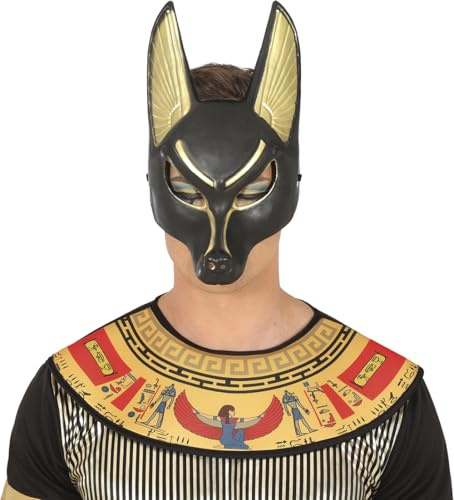 FIESTAS GUIRCA | Kostüm-Maske Anubis Erwachsene - Schwarz Gold | Vollgesichtsmaske | Goldfarbene Akzente | Aus PVC gefertigt | Markante Ohrenform | Halloween, Karneval & Fasching