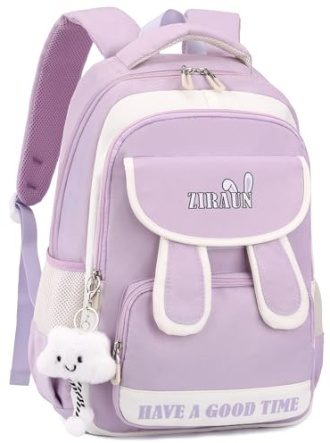 Amythe Schulrucksack Mädchen Teenager, Leichter Wasserdichter Daypack mit Niedlichem Anhänger, Schulranzen für Mädchen 3-5. klasse und Sekundarstufe, Großer Rucksack Teenager -Violett