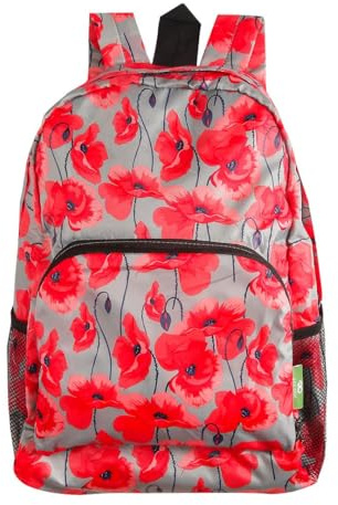 ECO CHIC Lightweight Foldable Water Resistant Backpack Rucksack Folds into Pouch for Storage (Poppies Grey)