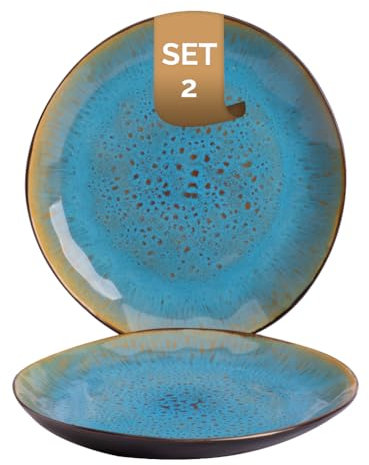 palmer Lotus Teller flach - 2er-Set, Steinzeug - Ø 20,5 cm - Türkis teilglasiert, organische Form - für FrühStück, Brotzeit oder als Kuchenteller - stapelbar, spülmaschinenfest