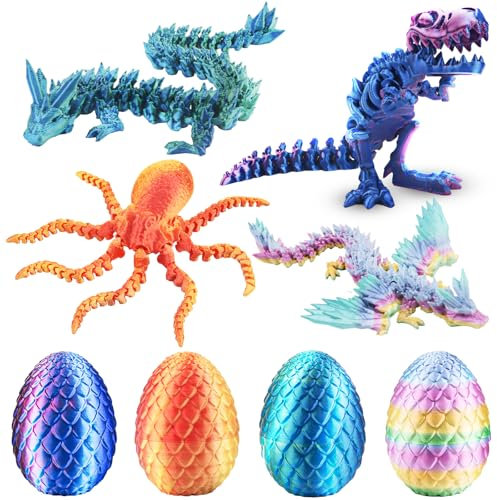 Abitoncc 4 PCS 3D Printed Dragon, Dinosaur, Octopuses in Eggs, Mythical Pieces 3D Printed Eggs with Dragon Inside for Home Office Decor Easter Activities for Kids