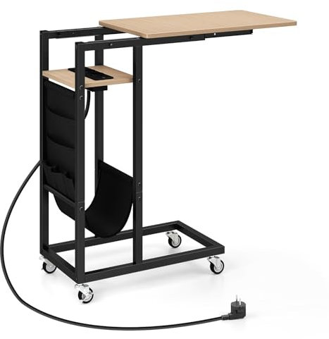 LIFEZEAL Beistelltisch mit Steckdose, C-förmiger Ablagetisch auf Rollen, Kleiner Sofatisch Notebooktisch mit Seitentasche, Laptoptisch für Wohnzimmer, Schlafzimmer (Natur)
