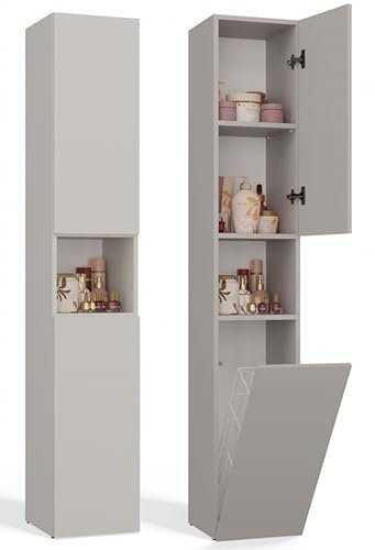 BDW Armoire de salle de bain, panier à linge, 2 portes, 174 x 31 x 30 cm, meuble sous lavabo, meuble haut, étagère de salle de bain, NEL III (cachemire)