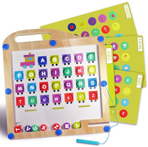 Magnetisches Alphabet Labyrinth - Buchstaben Lernspielzeug aus Holz, 3-in-1 Montessori Magnetspiel mit austauschbaren Themenkarten (ABC, Tiere, Essen) Geschenk Schulanfang Kinder ab 3 4 5 Jahre