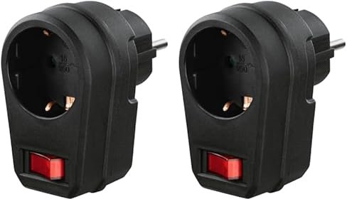 Hama Steckdosenadapter (Schutzkontakt Stecker, Steckdosenadapter mit Schalter, EIN-/Aus-Schalter, Adapter, Schutzkontaktsteckdose, Energiesparen, Stromsparen) schwarz (Packung mit 2)