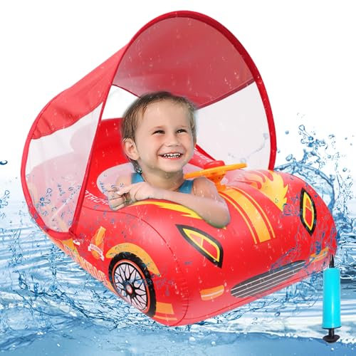 KUWUNG Baby Swimming Float, Toddler Pool Float, Inflatable Car Baby with Adjustable Removable Sun Canopy and Safety Seat Pool Toys for Kids Baby Aged 1 2 3 4 5 6