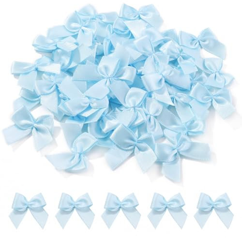 Jollybows 100 Stück Mini Satinband Schleifen, 2.5 cm Blau Satinband-Schleifen Mini Doppelseitige Farbe Bogen mini Band Bowtie für Nähen, Hochzeit Deko, Karten, DIY Basteln, Haar bogen Hut, Geschenk