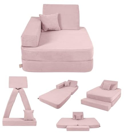 Angelove Kindersessel 3‑in‑1 - Faltbare Kindercouch & Spielmatratze aus Cord, Bequemer Spielsofa‑Sessel ab 1 Jahr, Puderrosa