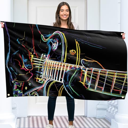 Gitarre Flagge – Musik Groß Lustige Flagge – Beidseitiger Druck – 110D Polyester – Doppelnaht – 2 Messingösen, groß 90x150 cm (5 x 3 Fuß)