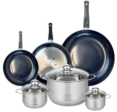 ELO 9745150 Batterie de cuisine 6 pièces, Ensemble de 3 Poêles de cuisson 20, 24 et 32 cm et 3 faitouts 12, 14 et 24 cm Elo Prima Brillant, inox, induction