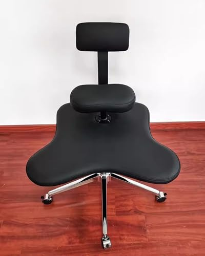OLSKFUH Bürostuhl Mit Gekreuzten Beinen, Kniestuhl, 2 Kissen, Schwarzer Kniestuhl Aus Leder Auf Bremsrädern, Orthopädischer Ergonomischer Bürohocker, Sitz Mit Abnehmbarer Rücken,Black-One Size