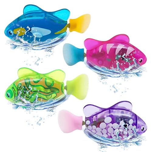 PLLYPE Robo Fische für Kinder, 4 Stück Fisch-Roboter für die Badewanne, Fisch Badewanne Spielzeug Elektrisch mit Leuchtende für 0 1 2 3 Jahre Jungen Mädchen, Badewanne und Schwimmbad