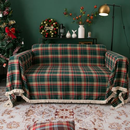 Surwin Anti-Staub Sofadecke, Weihnachten Drucken Sofa Überzug Couch Überzug mit Fransen, Universelle Couch Cover Decke für Schlafsofas und Sessel (Grün Kariert,180x180cm)