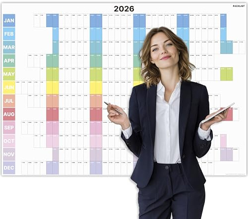 PACKLIST® Wandkalender 2026 A1 XXL (84,1 x 59,4 cm) – Jahresplaner mit 52 Wochen-Spalten – Großer Projektplaner & Urlaubsplaner für Büro & Home Office – Premium 160g Papier – Gefalzt