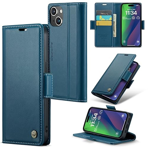 Idhiem Portefeuille Rabat Coque pour iPhone 15, Bleu | Housse Premium en Cuir PU, RFID Protection, Portefeuille Rabat Case, Porte Cartes et Fonction Support Étui