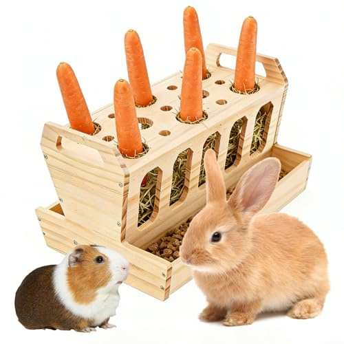 Große Hölzern Heuraufe für Kaninchen, Heuraufe Kaninchen, Futterraufe mit Karottenhalter fürkaninchen Meerschweinchen Hasen Hamster Mäuse Ratten