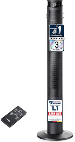 WoleixKlima Ventilator sehr leise 25dB, Turmventilator sehr leise mit Fernbedienung, Standventilator sehr leise mit Fernbedienung, 45W, 4 Modi&3 Stufen, 75°Oszillation, 12H Timer, 116CM