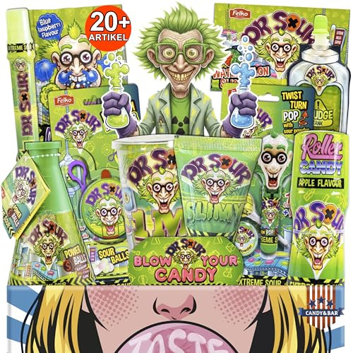 Dr. Sour Mega Mix | Saure Süßigkeiten Box mit 23 originalen Dr. Sour Produkten | Mit Slimy, Roller Candy, Spray & Schockbällen | Sour Candy Geschenkbox | Candy & Bar®