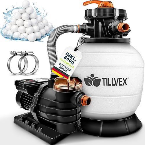 tillvex® Sandfilteranlage Pool mit Timer 10 m³/h + 800g Filterbälle | Filteranlage inkl. 7-Wege Ventil & 2in1 Adapter Ø32 - 38mm | Poolfilter mit Druckanzeige & Pumpe | Sandfilter Selbstansaugend