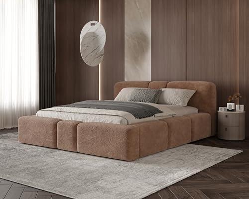 Chilly. Polsterbett Monte - Bett 200x200 cm- Bettkasten und Stauraum - Doppelbett mit Stabilem Metallrahmen - Eleganter Monte-Stoff- Hellbraun