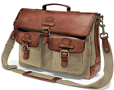 DRAKENSBERG Sac de messager 'Milo' - Sac à bandoulière et porte-documents avec compartiment ordinateur 15, DIN A4, homme, fait main durable, rétro, toile, cuir, 15L, kaki-beige, DR00101