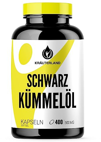Kräuterland Schwarzkümmelöl Kapseln 400 Stück, hochdosiert (1000mg pro Tagesdosis), 100% Nigella Sativa, Omega Fettsäuren, ohne Zusatzstoffe, hoher Thymochinon, Deutsche Premium Qualität