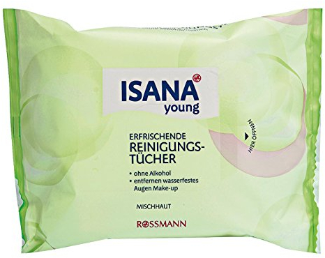 ISANA Young erfrischende Reinigungstücher 25 Stück für Mischhaut, ohne Alkohol, entfernen wasserfestes Augen Make-up