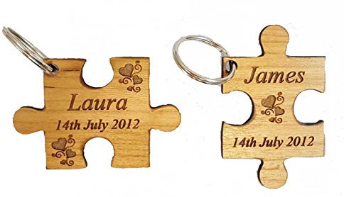 Personalised Engraved Wooden Jigsaw Keyring - Symbol of The 5th Year Anniversary (Cherry)