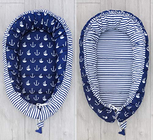 LOOLAY® Nestchen Kokon 2seitig Babynestchen Babykokon Kuschelbett Baby-Reisebett Babybett MUSTER: Anker marineblau/Streifenmuster marineblau