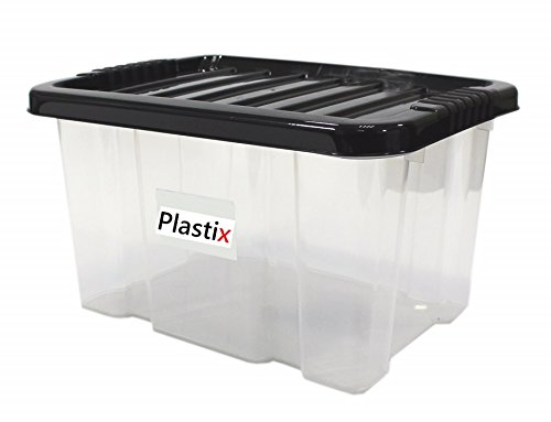Plastix Set of 3 Clear Plastic Storage Box Boxes With Black Lids Home Office Stackable UK Made - 24L 24 LITRE