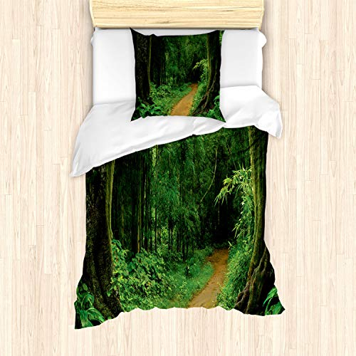 ABAKUHAUS Urwald Bettbezug Set für Einzelbetten, Natur Anruf parken Entwurf, Milbensicher Allergiker geeignet mit Kissenbezug, Grün
